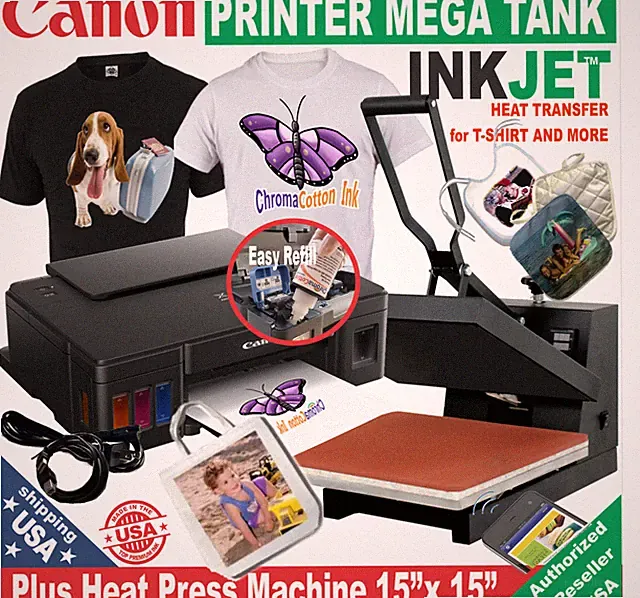 Canon Printer Tank + Heat & Press 15x15 Transfer T-shirt Maker Start Bundle
