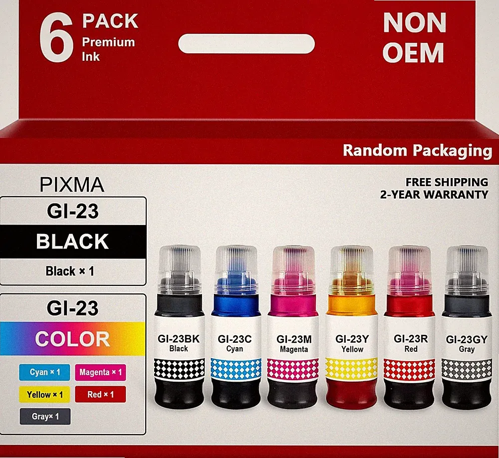 FADSOON® 6PK GI-23 Combo Color Ink Bottle for Canon PIXMA G520 G620 (BCMYRG)